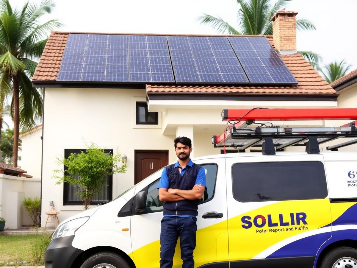 Solar technician beside a service van at an installed rooftop solar home