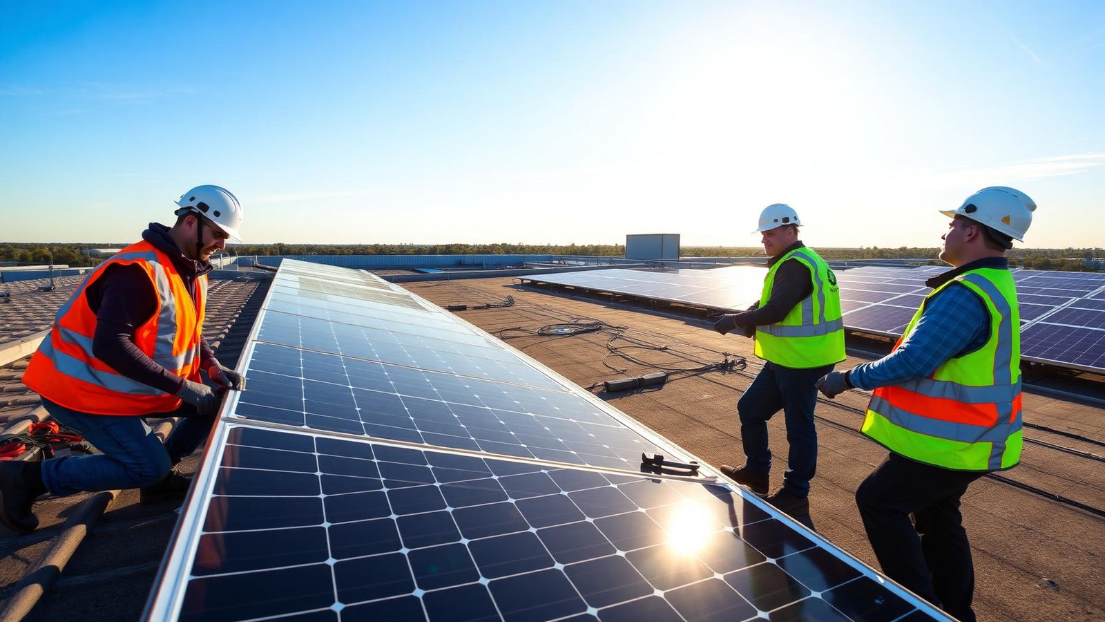 Engineers installing rooftop solar panels